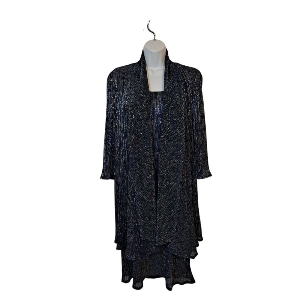 R&M Richards Womens 14 Metallic Crinkle Knit 2-piece Evening Dress Blue Shimmer